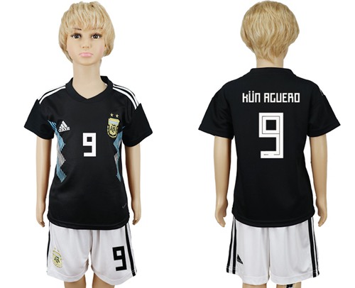 Argentina #9 Kun Aguero Away Kid Soccer Country Jersey